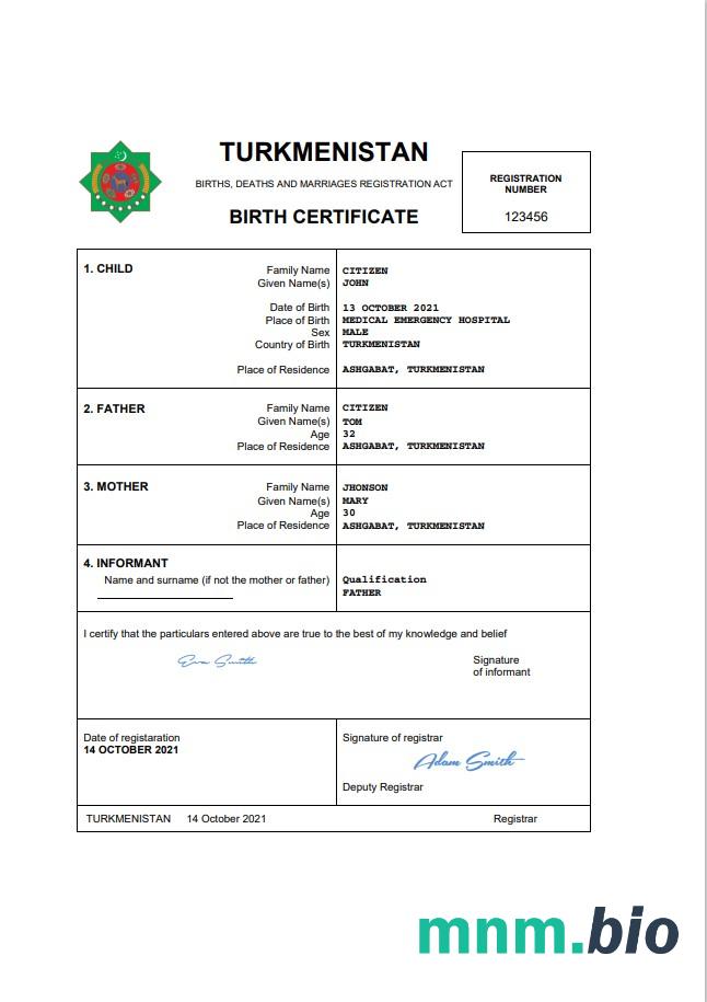 Turkmenistan rekord życiowy narodziny certyfikat Word i PDF szablon